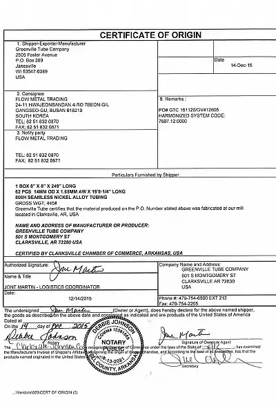 COO_800H Certificate of Origin